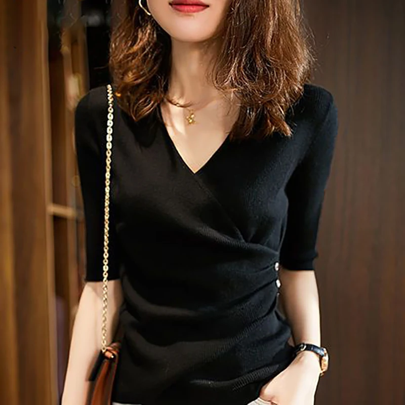 Mode V-ausschnitt Gestrickte Asymmetrische Falten T-Shirts frauen Kleidung 2025, Frühling Sommer Neue Dünne Koreanische Tops Unregelmäßige T Shirt