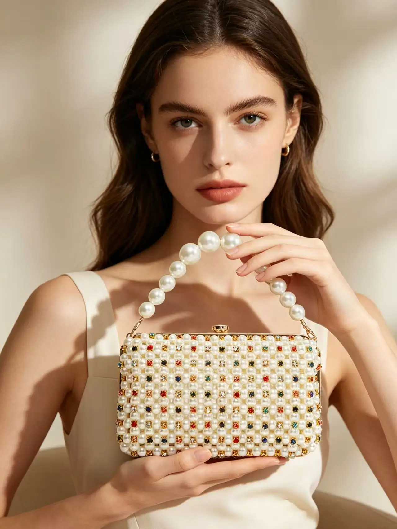 

Fashion handmade clip clutch bag with pearl and rhinestone embellishments, luxury evening handbag with detachable chain, multi-s