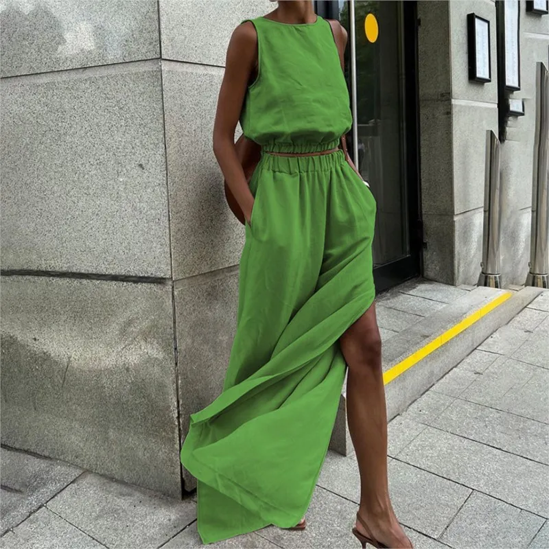 

Khaki/green Cotton Linen Long Pants Sets Vacation Sleeveless Crop Tops & High Split Pant Suits 2025 New 2 Pieces Set Streetwear