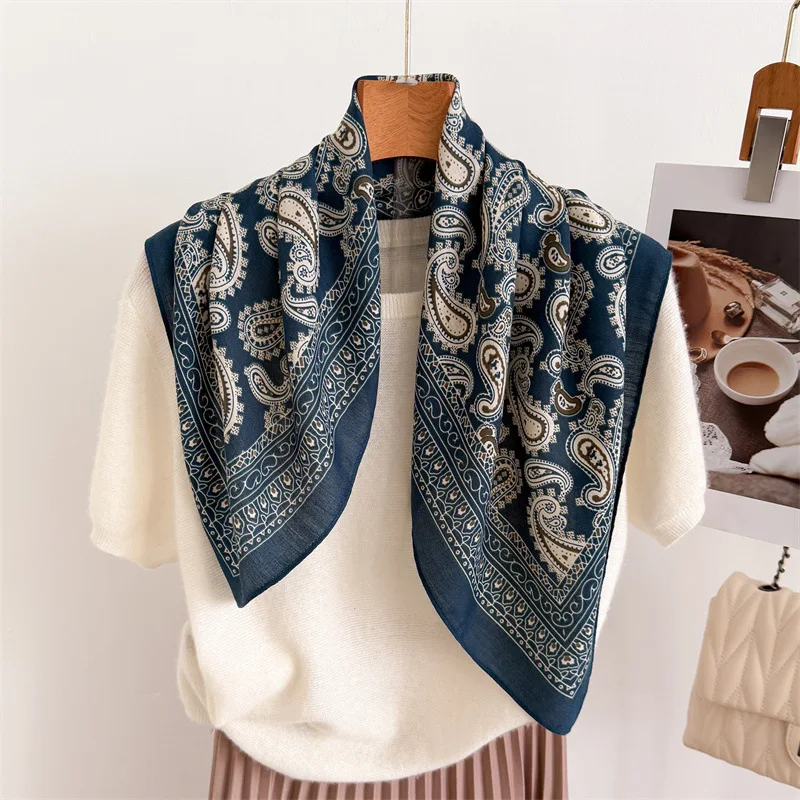 Luxuriöser Paisley-Print, quadratischer Schal für Damen, aus Baumwolle mit Leinenoptik, Hijab-Schal, Kopftuch, Haarband, Handtaschenband, Halstuch.