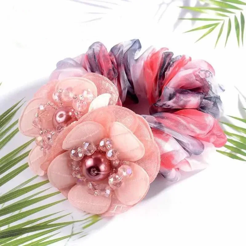 Elegant Ladies Crystal Flower Hair Rope Fashion Elastic Large Lace Hair Scrunchies Ties With Faux Pearl For Women Girls Headband