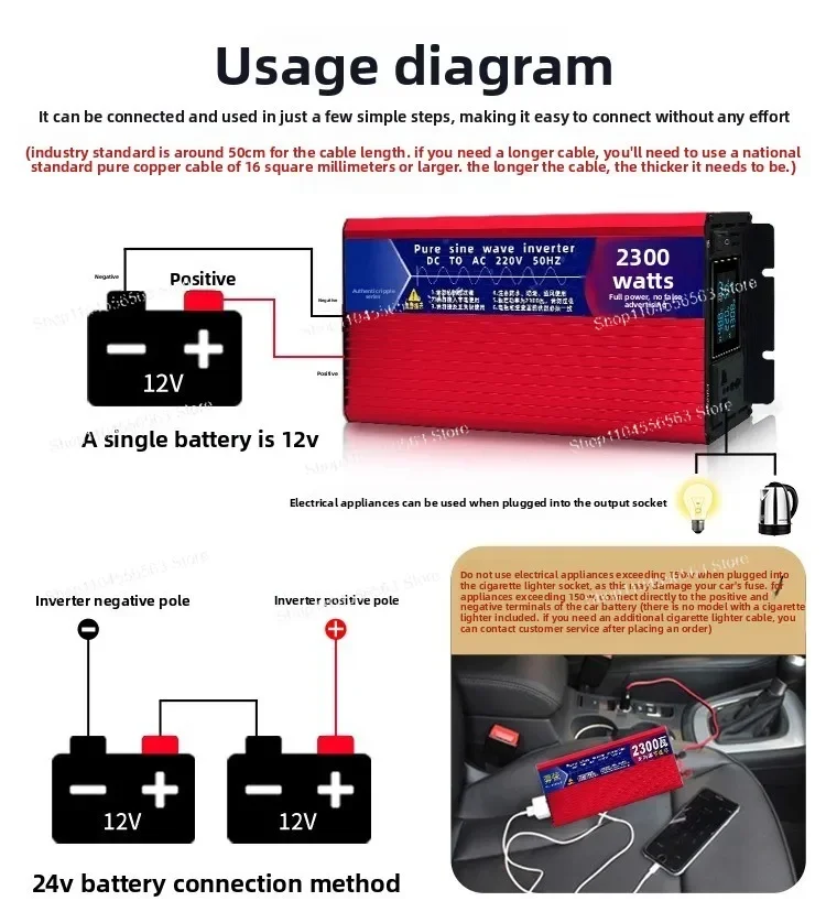 ​​Pure Sine Wave Power Inverter, 12V/24V/48V/60V to 220V AC Converter for Home/Commercial/Vehicle Use with High Power Output view 6