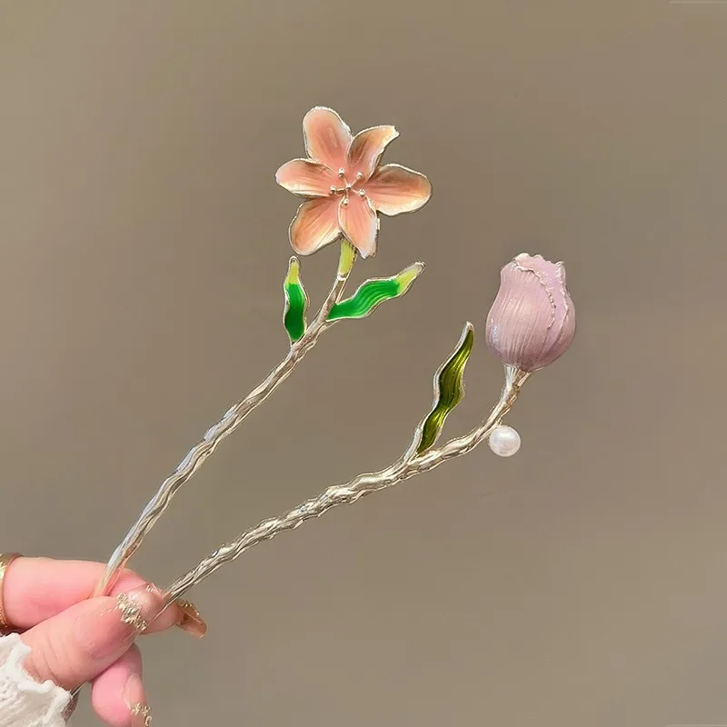 Eleganti bastoncini per capelli floreali tonificati Smalto Libellula Giglio Tulipano Perla Stili vintage perfetti TraditionLooks Accessori Boho Chic