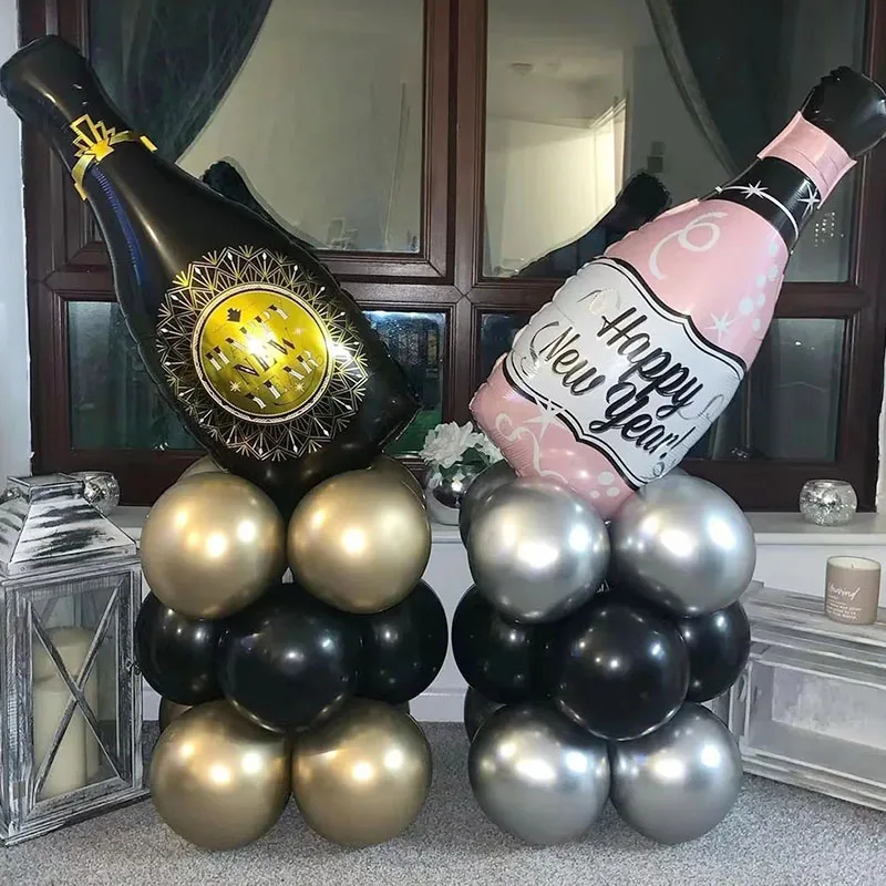 13 Uds. Globos de látex de aluminio para botella de vino grande de oro negro adornos navideños para el hogar Feliz Año Nuevo 2025 suministros para fiesta de Nochebuena