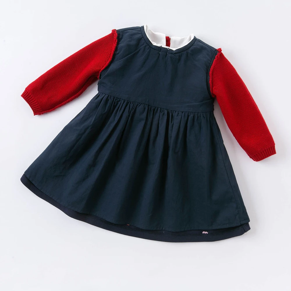 Dave Bella Girls\' Knitted Sweater Dress Gentle Cute Children Fake Two Piece Baby Long Sleeve Dress Outdoor Party DBM14515