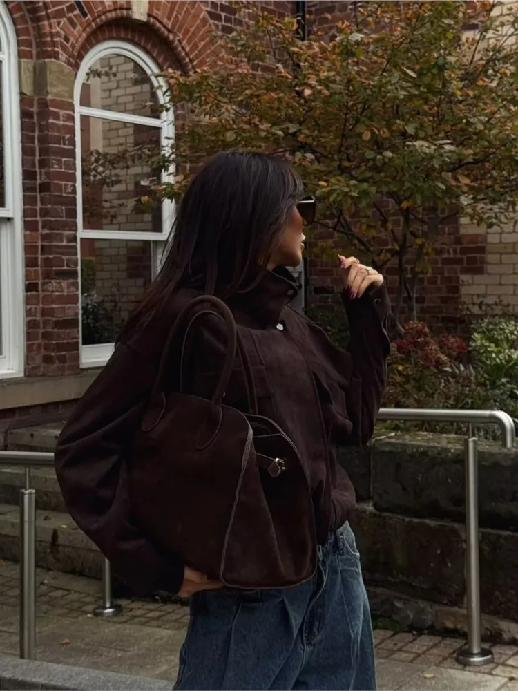 Autumn Women Faux Suede Jacket with Zipper Simple  High Collar Elegant Lady Warm Oversize Coats Chic Female Tops