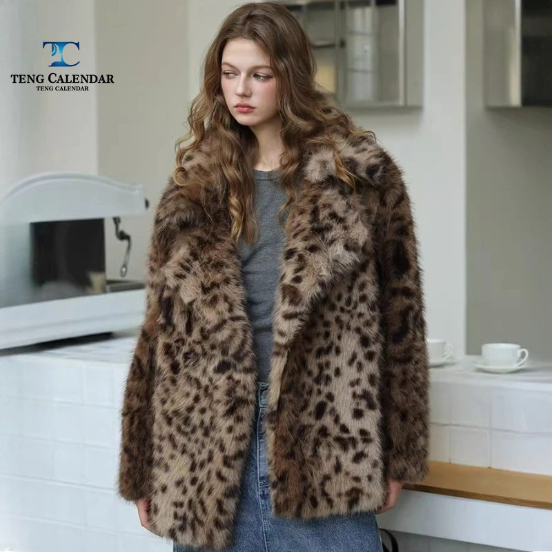 

Faux fur, leopard-print mid-length woolen suit, fashionable and casual one-piece fur coat, new winter style for women