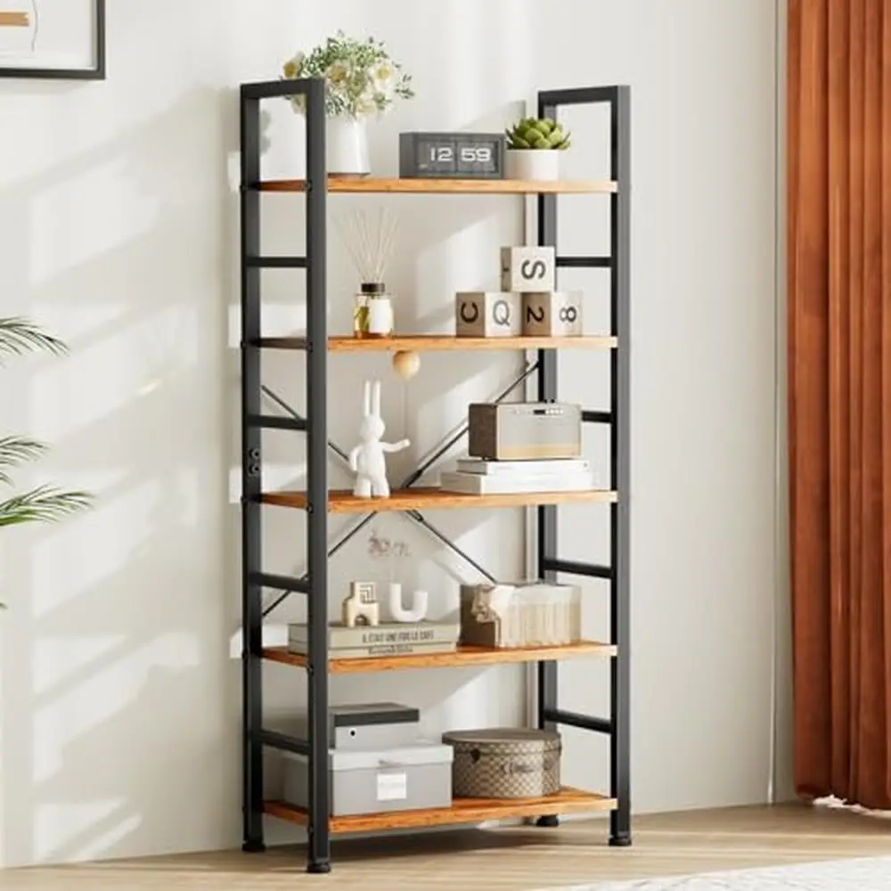 5 Tier Modern Bookshelf Organizer Books Garage Kit CDs Movies Industrial Storage Wood/Metal 23.62