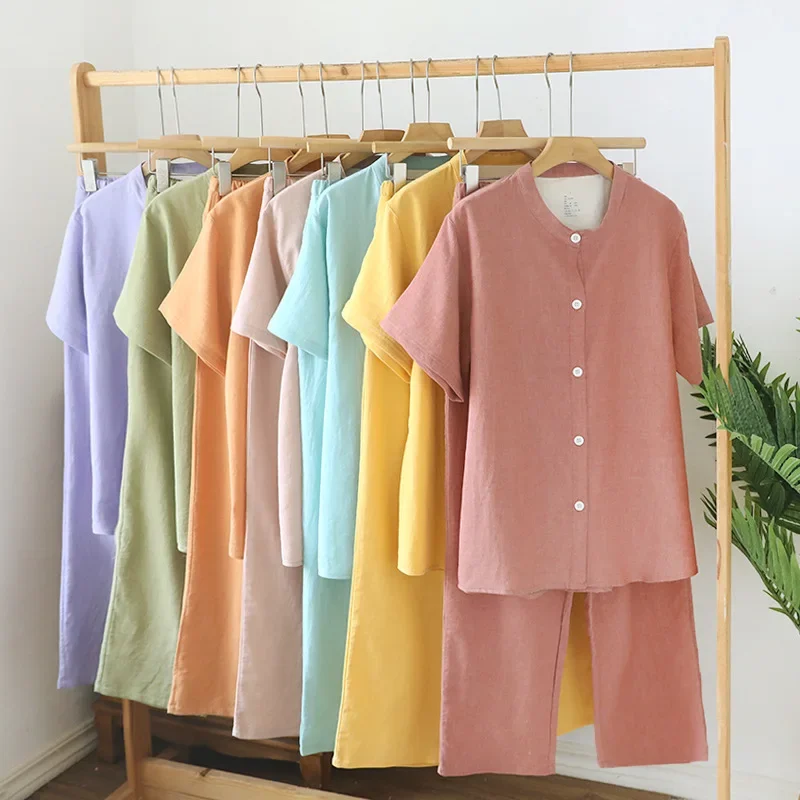 

Хлопковый простой стильный женский комплект домашней одежды, кардиган с короткими рукавами, топы с длинными брюками, повседневные свободные дышащие пижамы с круглым вырезом