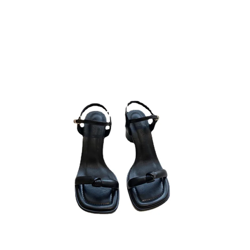 Low Sandals Woman Leather Low-heeled PU Hoof Heels Rome Rubber Fabric Slides Low Sandals Woman Leather Low-heeled Rubber PU Slid