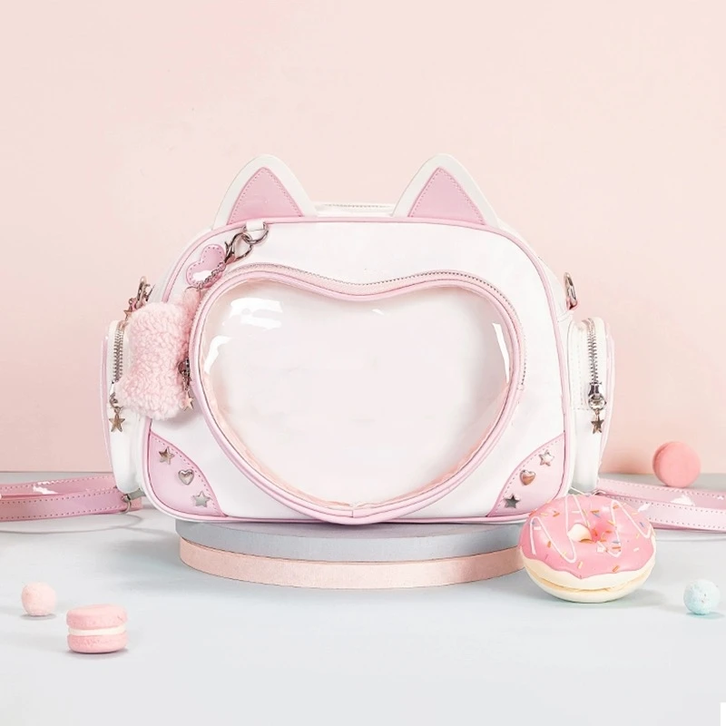 Kawaii Y2K Ita Bag Cat Backpack – Foldable, Adjustable Strap Crossbody Bag, Transparent Pocket, Preppy Style High Schoolbag