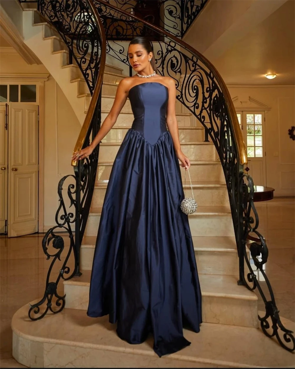 Customized Exquisite Blue Satin Strapless Vestido De Festa Sleeveless A-Line Bespoke Occasion Gowns Floor Length Evening Dresses