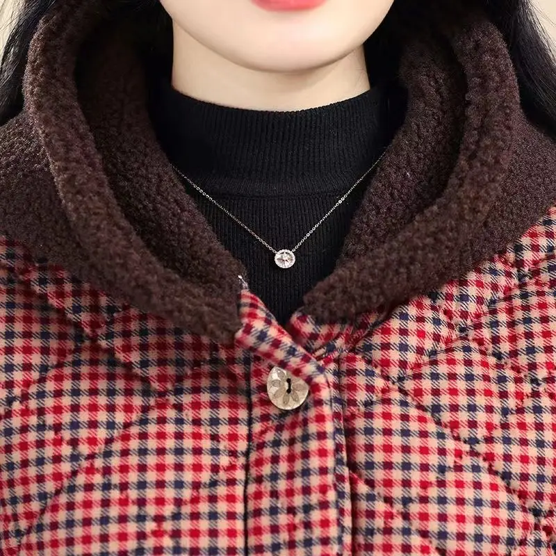 Veste en coton avec capuche épaisse en velours, nouvelle veste chaude en coton mi-longue à carreaux pour l'hiver