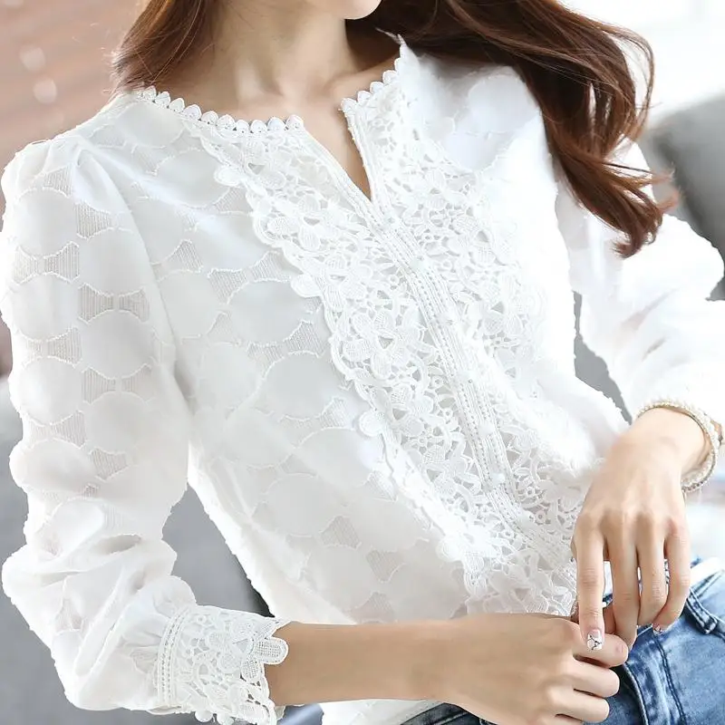 Camicetta da donna in chiffon con bottoni e diamanti, dettagli in pizzo, top lavabile per donne di mezza età e ly
