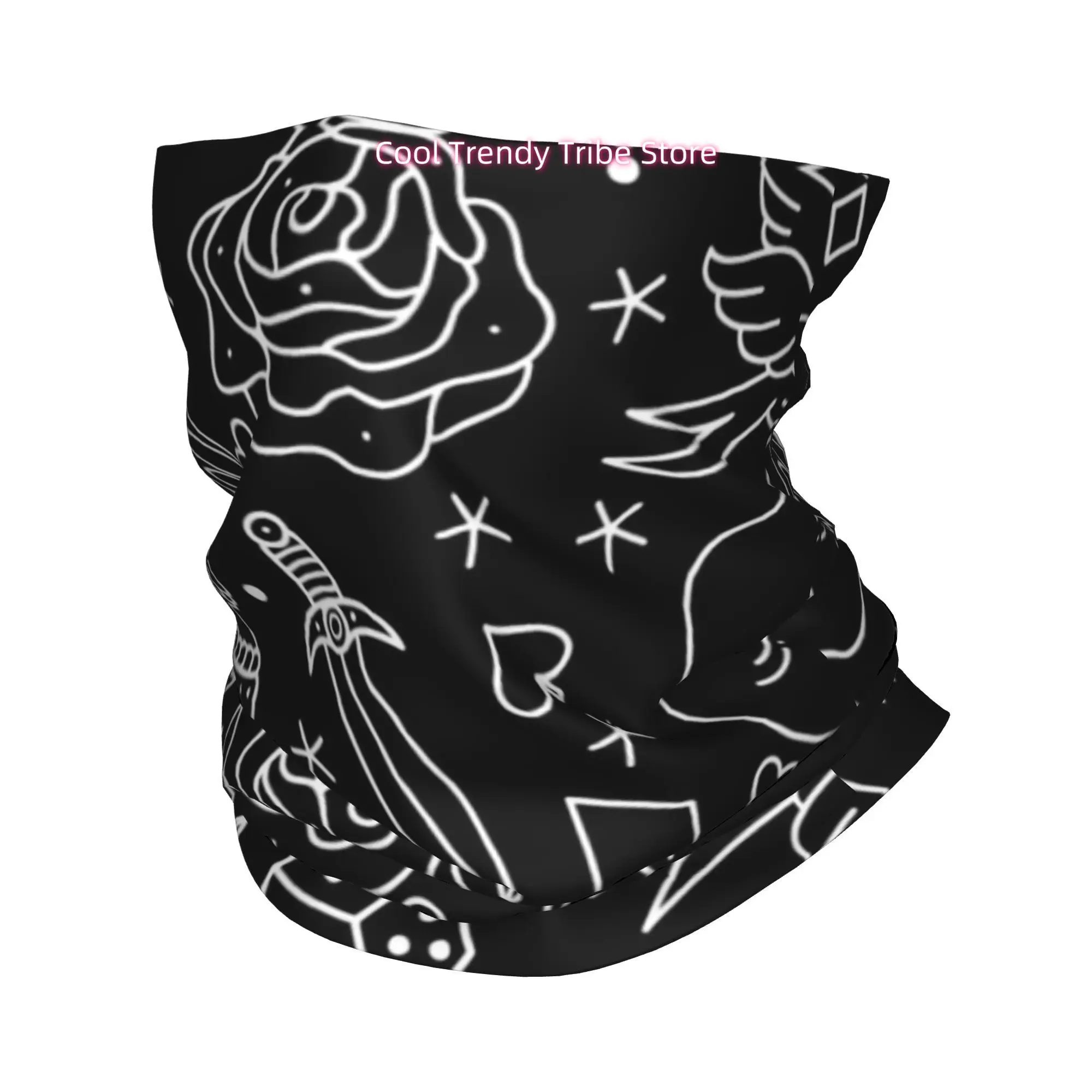 Line Retro Line Art Dark Element Diverse Collection Trendy Tattoo Style Novelty Head Scarf Bandana for Women Boho Floral Hair Wr