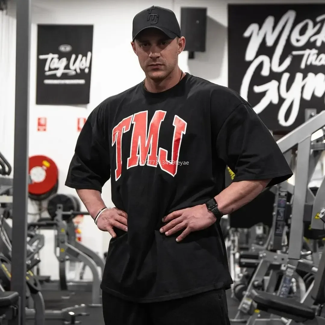 

2024 Cotton Brand Gym Clothing Fitness Mens Oversized T Shirt Outdoor Hip Hop Streetwear Loose Half Sleeve Bodybuilding Clothing