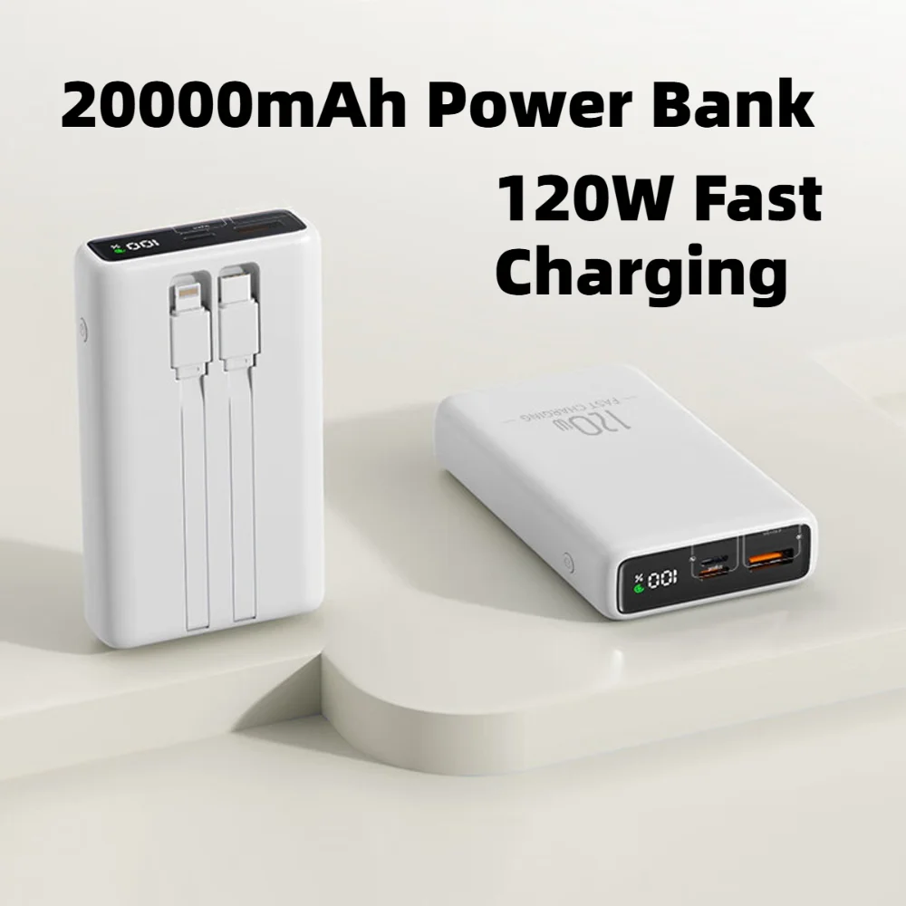 

20000mAh Power Bank 120W Fast Charging Portable Charger with Dual Built-in Cables External Battery Pack for IPhone Android
