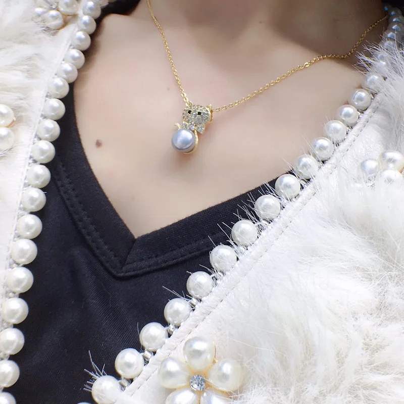 Cat Freshwater Pearl Pendant for Women 8-9mm Fashion Simple Versatile Collarbone Chain Necklace Holiday Gift for Girlfriend 085 3