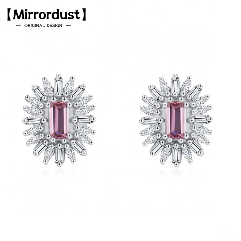 

【Mirrordust】S925 Серебристо-розовые квадратные серьги с цирконом и подсолнухом Изысканные ювелирные изделия для ушей с бриллиантами