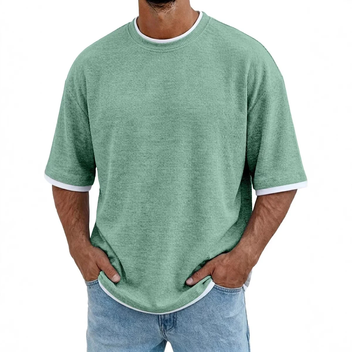 Men's Summer Waffle Knit Color Block T-Shirt Splicing Crew Neck Short Sleeve Top Casual Daily Outdoor Wear Harajuku T Shirts