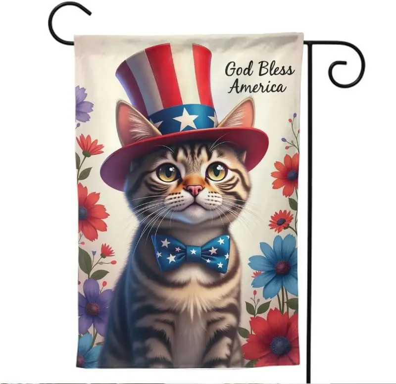 God Bless America 4Th Of July Garden Flag 12.5X18 Inch Vertical Double Sided Floral Star Cat Burlap Garden Flag Independence MMZ
