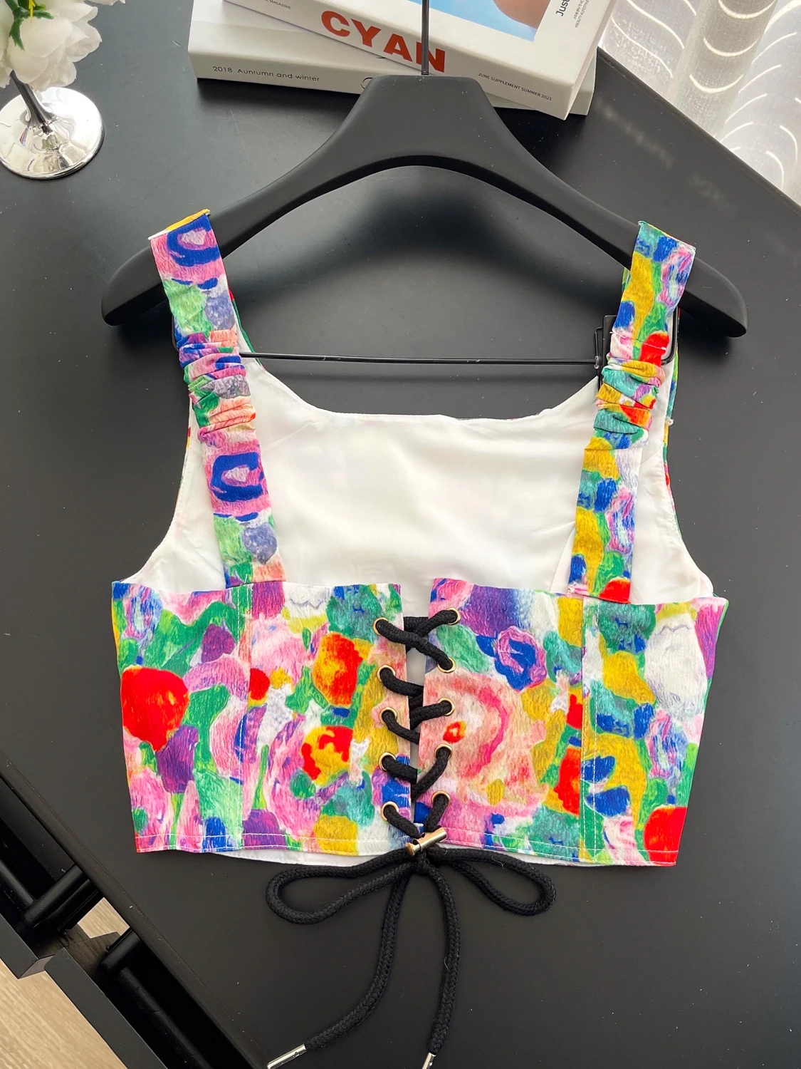 Retro Olieverfschilderij Print ter Vest dames Zomer Ontwerp Gevoel Gordel Afslanken ort Bovenkleding Top Woon-werkverkeer Sle Faion