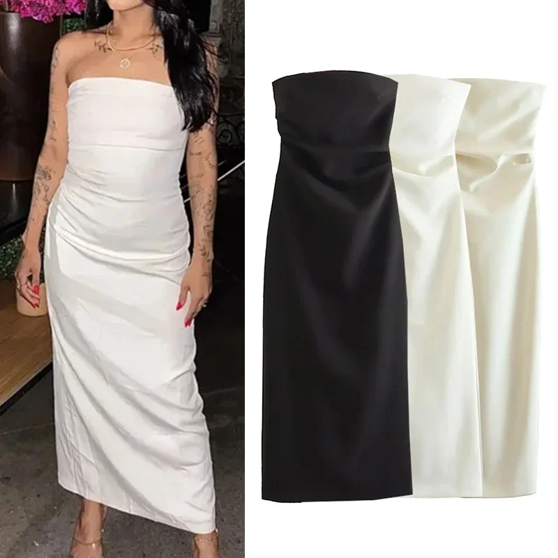 

New Off Shoulder Long Dress Woman 2025 Black Sleeveless Bodycon Dress Women White Sexy Summer Dresses Ruched Party Dresses