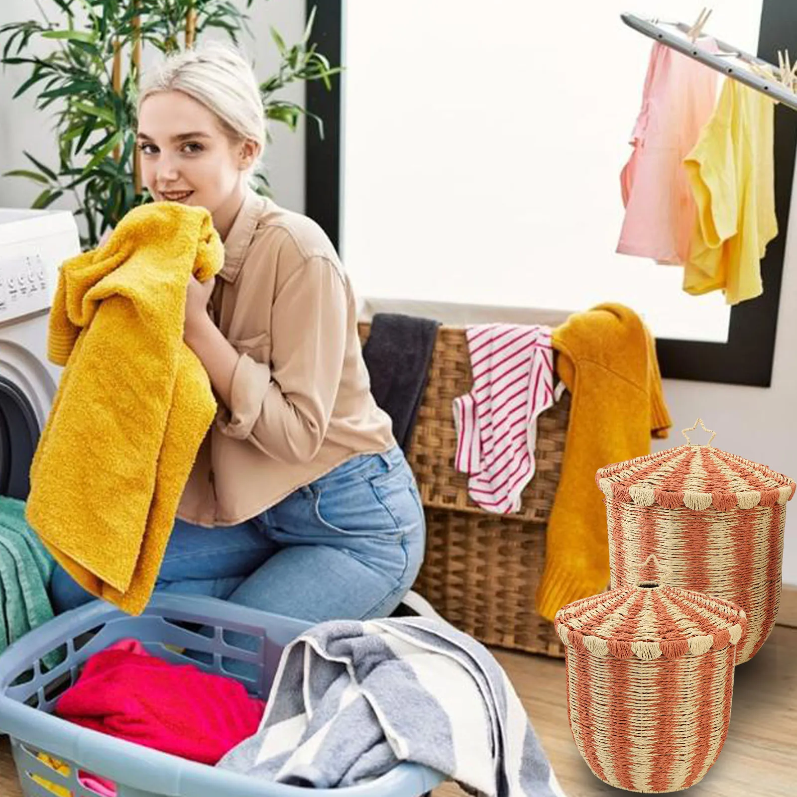 سلة التخزين المنسوجة مع غطاء المنسوجة يدويا عمر طويل سلة أرضية من الخيزران الأحمر خمر تنوعا للملابس بطانية اللعب وجبة خفيفة