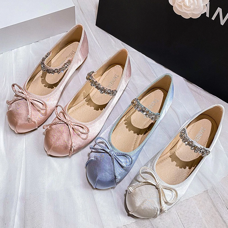 Elastic Rhinestone Band Mary Janes Woman Bowtie Silk Ballets Shoes Ladies Round Toe Flats Female Loafers Wedding Brides Shoes