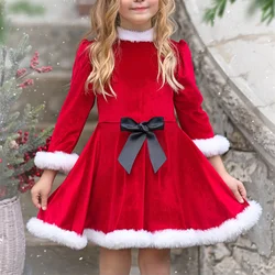 Kid Baby Girl Christmas Clothes Furry Red Velvet Princess Dress Faux Fur Patchwork Long Sleeve A-Line Dress with Belt