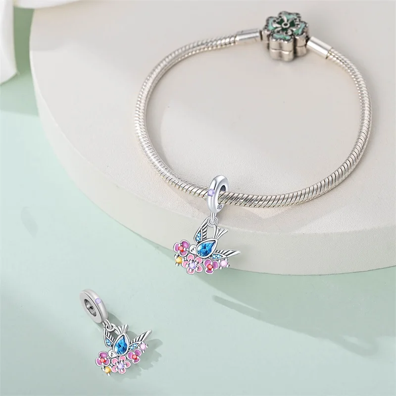 Spring New 925 Sterling Silver Feather Flowers Parrot Bird Charms Beads Fit 3mm 925 Original Bracelets Fine DIY Jewelry Gift