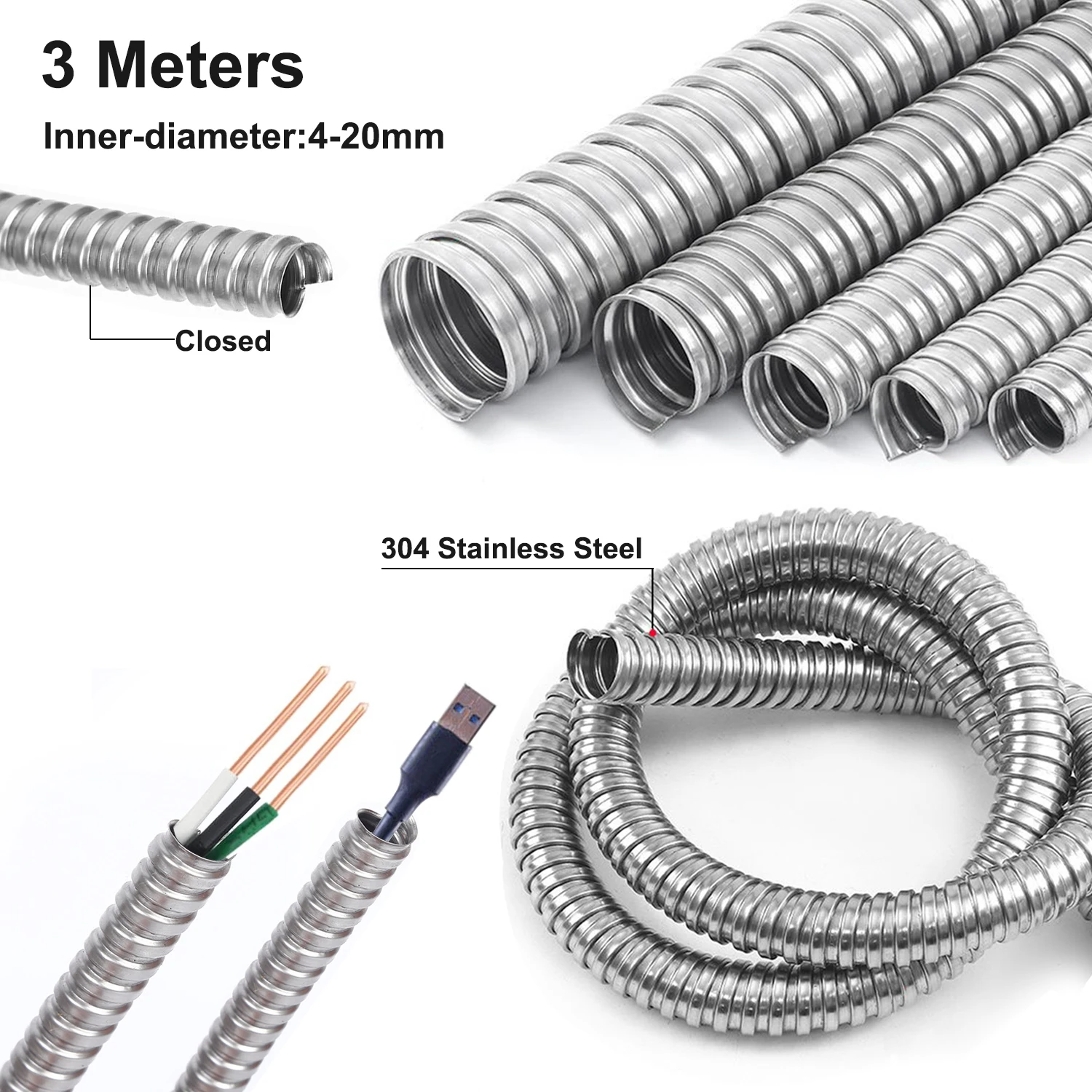

304 Stainles Steel Corrugated Conduit Tube 4mm-20mm ID, Flexible Metal Hose for Cable Wire Line Protection, 3 Meter Length