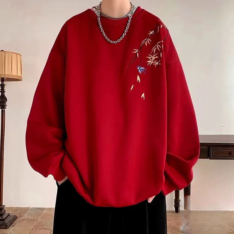 New Chinese Bird Print M-8XL Men Oversized Sweatshirt Fashion Loose Long Sleeve Couple Clothes