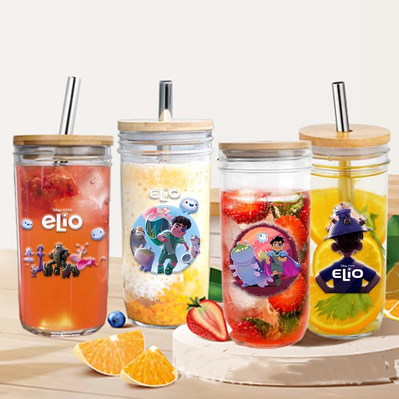 

650ml Disney Elio Glass Cup with Lid and Straw Transparent Bubble TeaCup Juice Glass Beer Can Milk Mocha Cups Breakfast Mug New