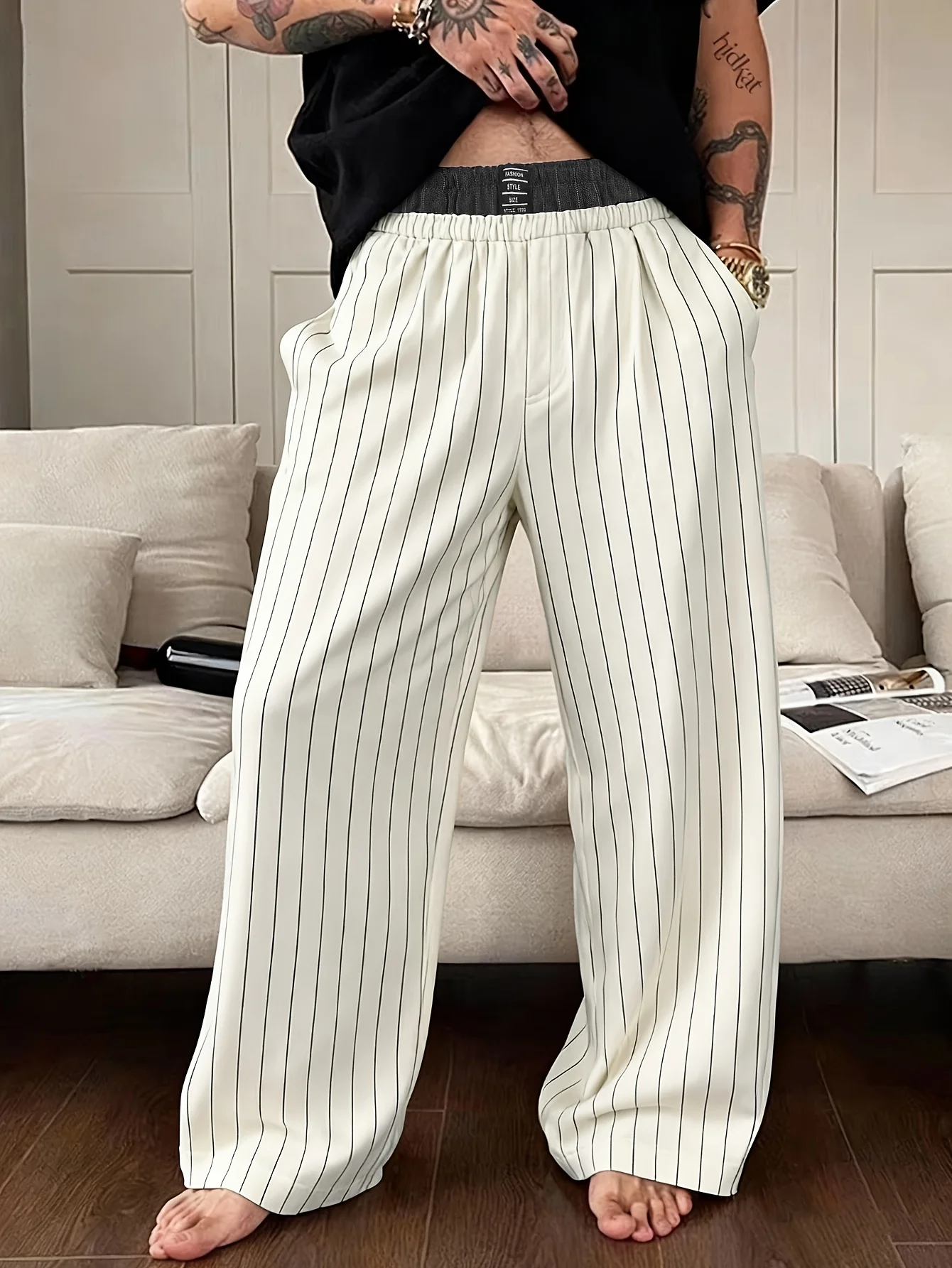 

Искусственные двухсекционные широкие брюки с двойной талией, повседневные мужские брюки в контрастную полоску, прямые свободные брюки с карманами