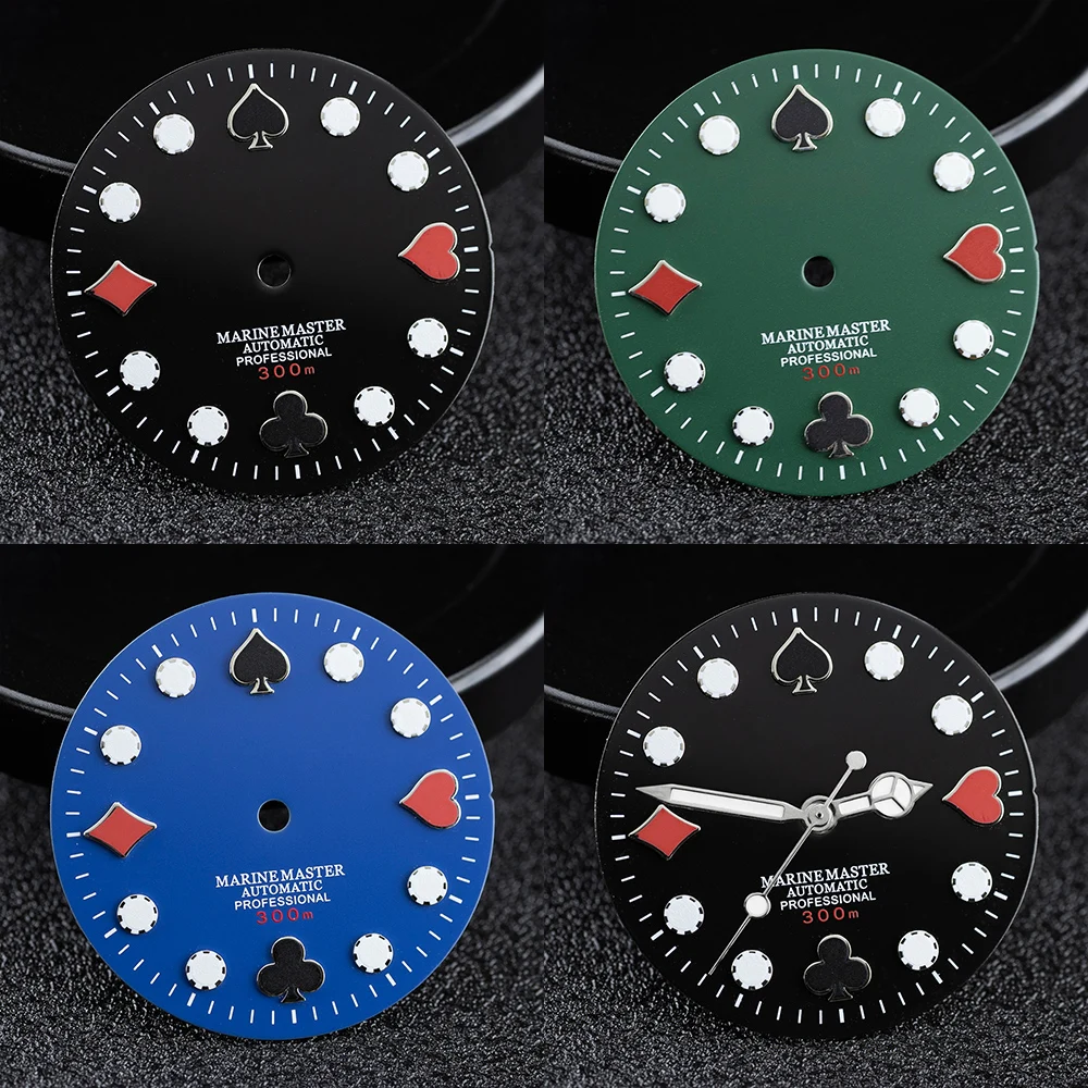 NH35 다이얼 28.5mm S 다이얼 포커 Marinemaster NH35/36 무브먼트 용 빛나는 시계 손 수정 된 다이얼 교체 시계 부품