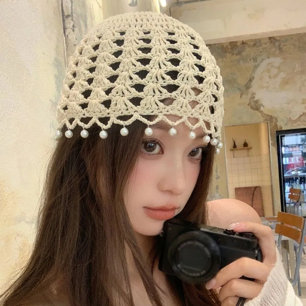 Sweet Crochet Hollow Knitted Hat Bohemian Style Hollow Out Ethnic Style Hat Handmade Korean Knit Beanies Apparel Accessories