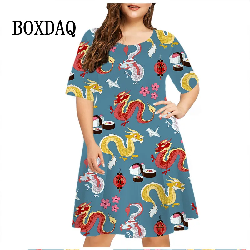 Chinese Dragon Dress Women Painting Fantasy 3D Dragon Print Dress Summer Casual Short Sleeve A-Line Party Dress Loose Plus Size