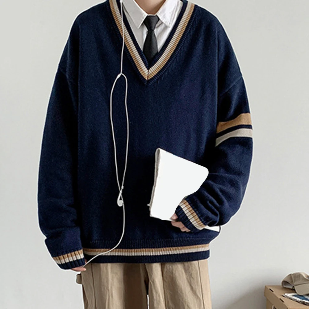 Maglione lavorato a maglia con scollo a V da uomo, stile college coreano, top ampio a maniche lunghe