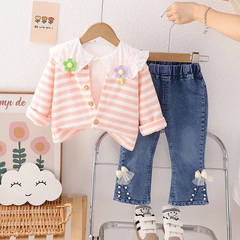 Fall Baby Girl Clothing Sets New Korean Style Striped Doll Collar Cardigan Coats + T-shirts + Denim Flared Pants Girls Tracksuit