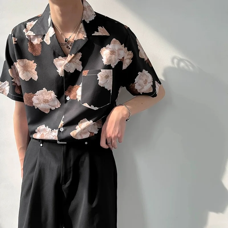 M-XXL Floral short sleeve shirt men summer thin ice silk shirt American Instagram trendy brand retro loose beach handsome tops