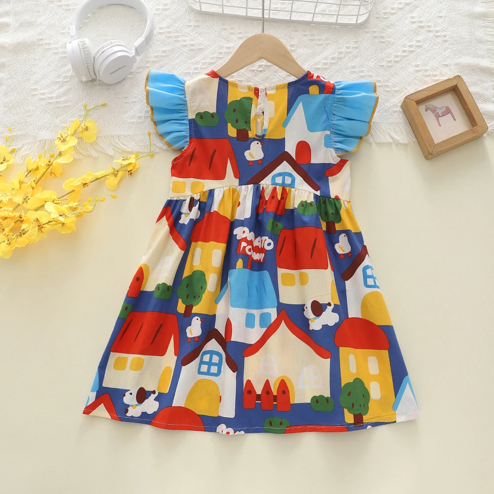 Humor Bear Kids Clothes Girls A-Line Hollow Out Flying Sleeve Graffiti Printing Casual Dress Suit Children