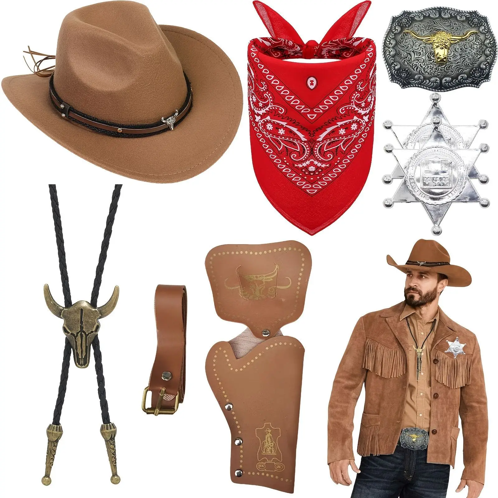 Chapéu de cowboy ocidental colar cinto chapéu de feltro tibetano estilo étnico masculino feminino conjunto de acessórios para adulto