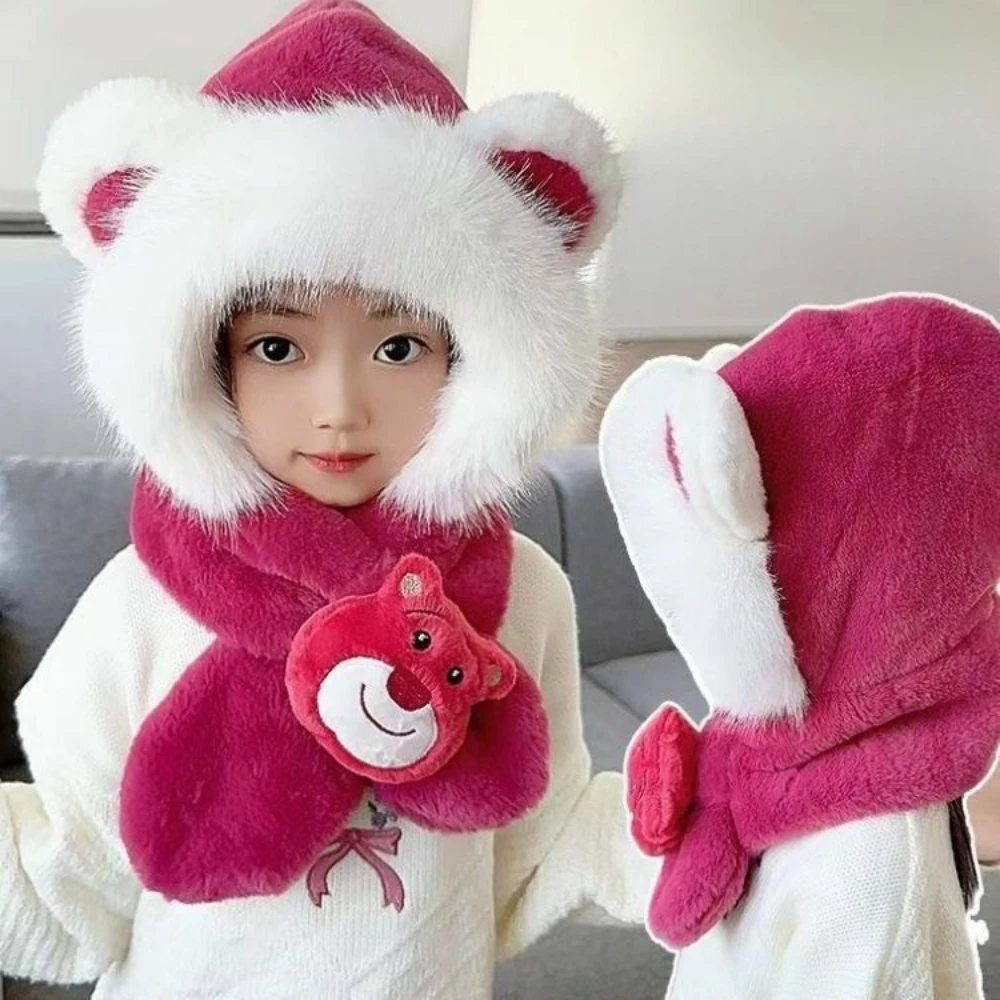 ديزني الأطفال الشتاء قبعة ووشاح مجموعة الوردي الفراولة الدب يندبروف غطاء للأذنين أنيق قبعة تزلج دافئة قطعتين مجموعة MINISO #1