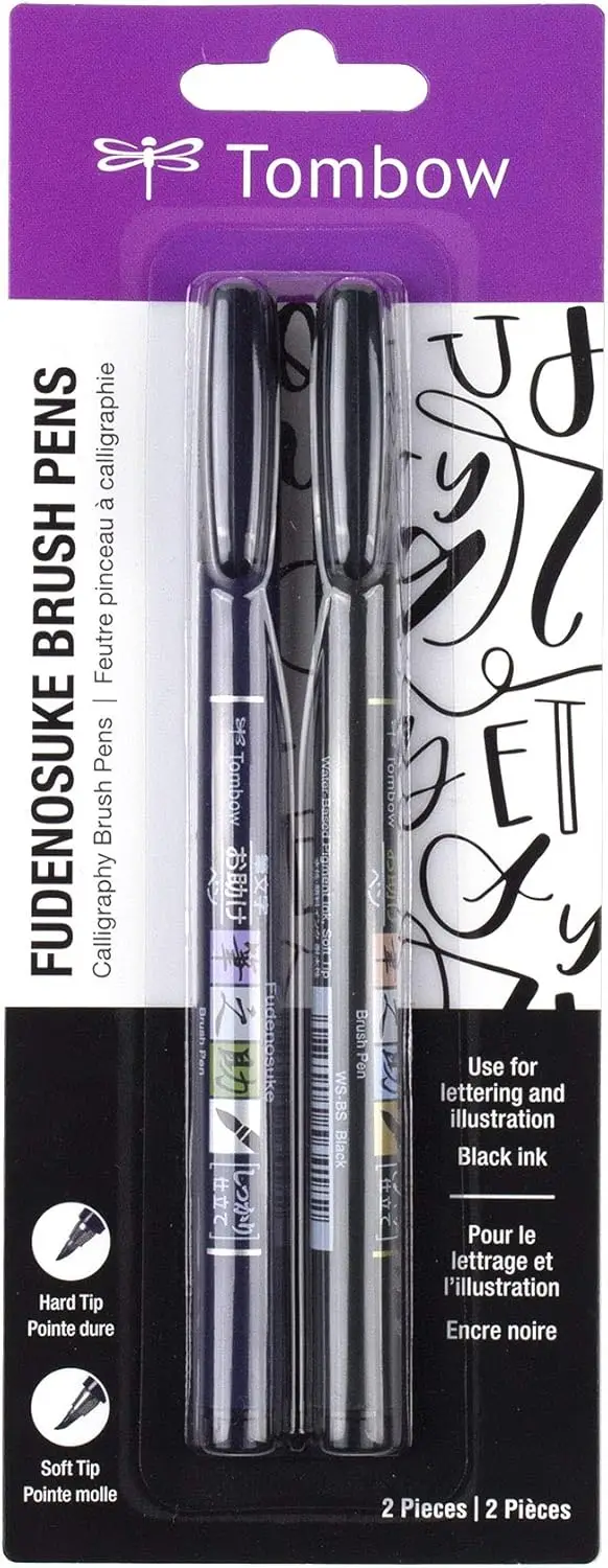 

Soft and Hard Tip Brush Pens for Calligraphy and Art Drawings, 2-Pack