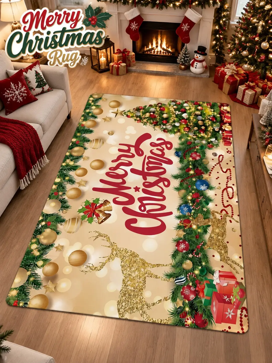 Christmas Rug Tree Baubles Greetings Living Room Bedroom Study Entryway Floor Carpet Gift for Parents Grandparents Friends Winter Thanksgiving Birthday Anniversary Housewarming Apartment Cottage Home Styling Sofa Side Reading Nook Holiday Gathering