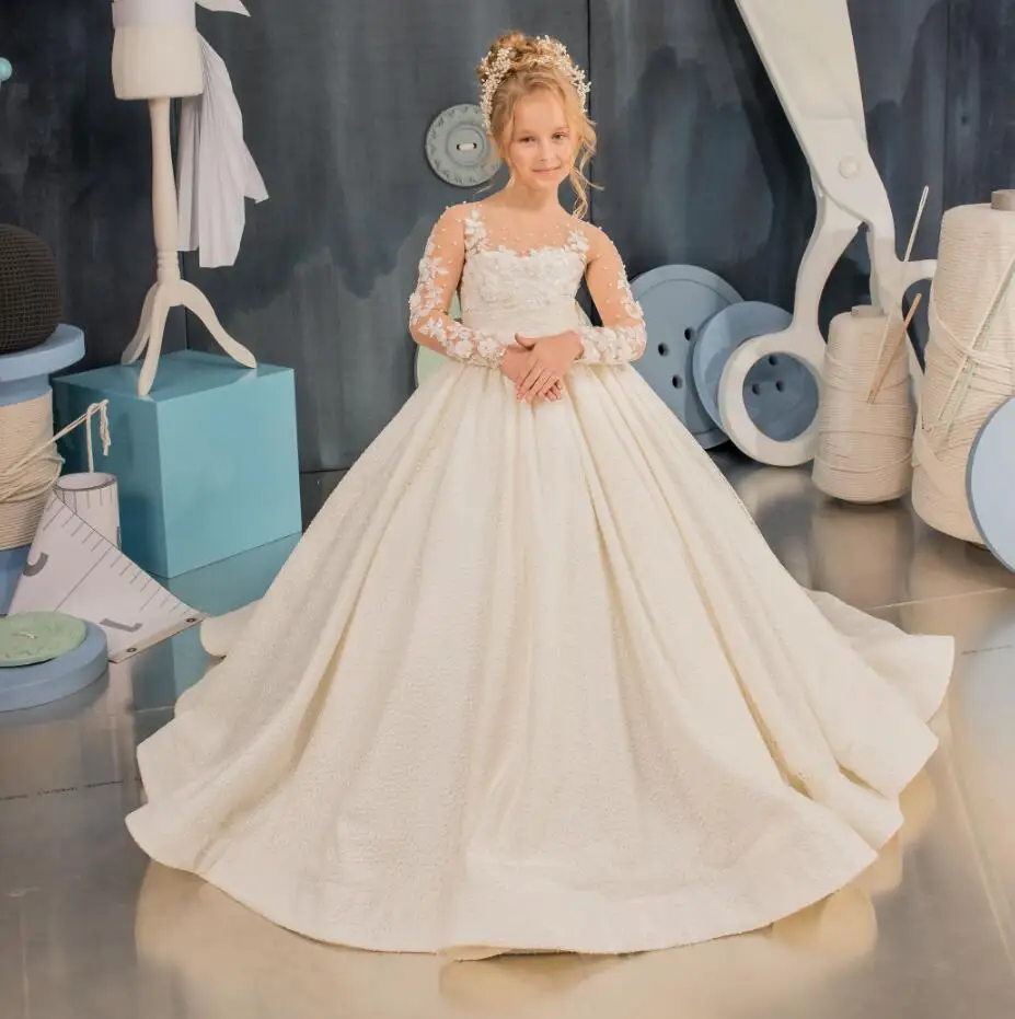 

Puffy Ball Gown Ivory Satin Flower Girl Dress with Full Sleeves Princess Party Birthday Gown Pageant Dress Kid First Communion