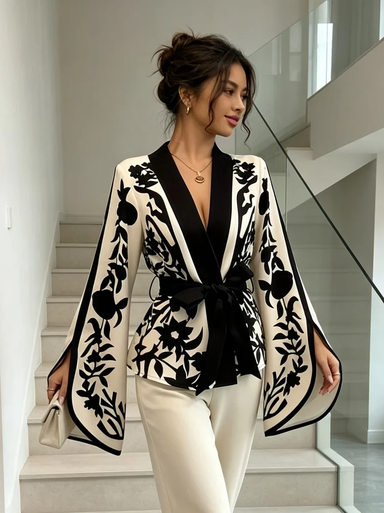 Women's Printed Coat with V-neck Flared Long Sleeved Lace Up Top, Elegant Suitable For Daily Commuting Party Dresses