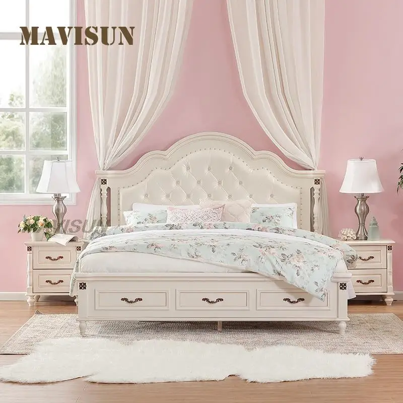 European-Style Modern Minimalist Solid Wood High Box Soft Bag White Princess Bed Light Luxury American Bedroom Sleeping Set