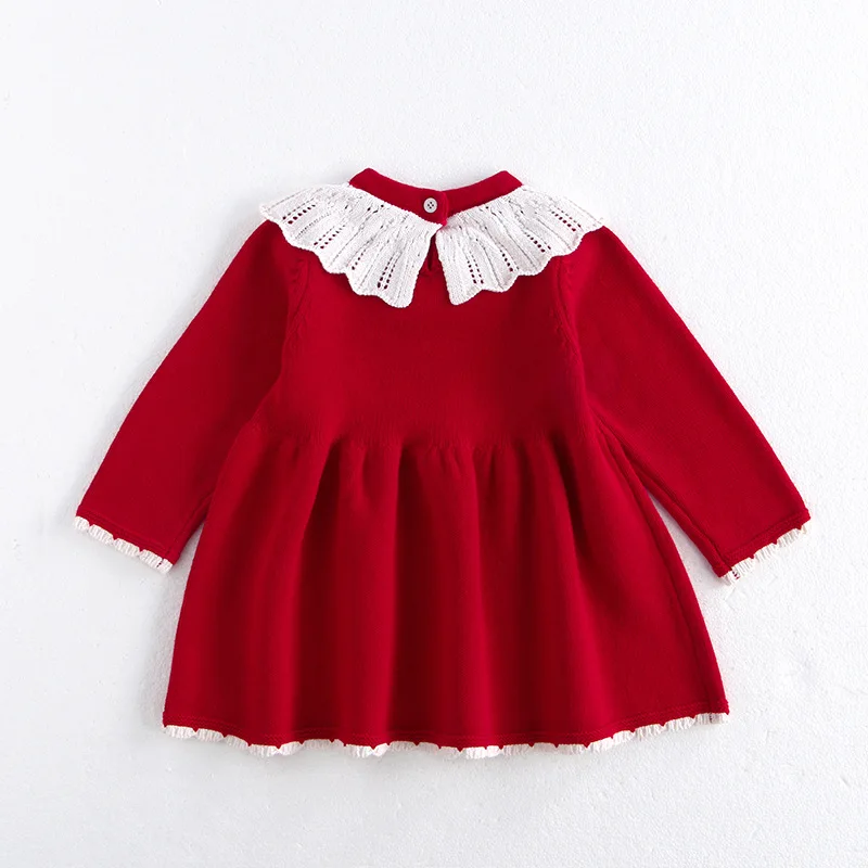 MILANCEL1-5Y Kids Clothes  Ruffle Collar Dress For Girls Knit A Line Red Dress Girls Knitwear